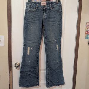 Y2K Vintage The Myth Of Jade Ripped Distressed Splatter Denim Flare Jeans Size 7